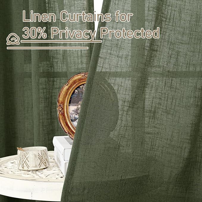 Olive Green Linen Semi Sheer Curtains 45 Inch - Image 5