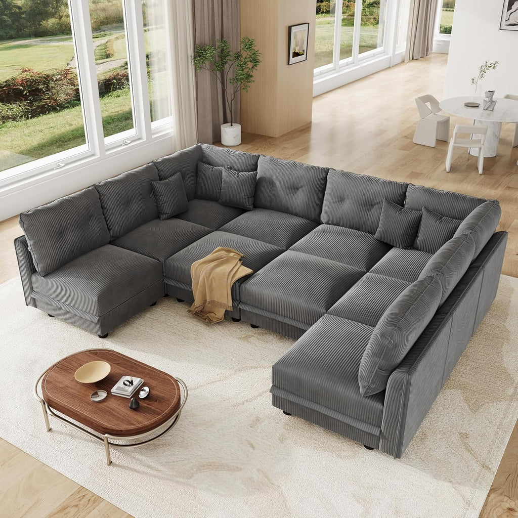 LLappuil Large Modular Sectional Sofa with Storage Seats, Corduroy U-Shaped Convertible Couch for Living Room, 10-Seat Grey Sofa Set with 10 Back Cushions & 10 Throw Pillows