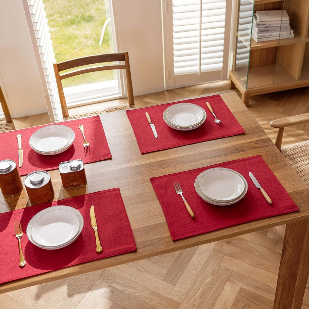 Demetex Christmas Placemats Set of 4 Heat Resistant Red Linen Place Mats Wipeable Cloth Placemats for Party Wedding Holiday Dinner, 13 x 19 inches, Wine Red