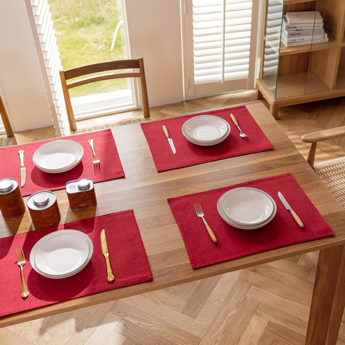 Demetex Christmas Placemats Set of 4 Heat Resistant Red Linen Place Mats Wipeable Cloth Placemats for Party Wedding Holiday Dinner, 13 x 19 inches, Wine Red