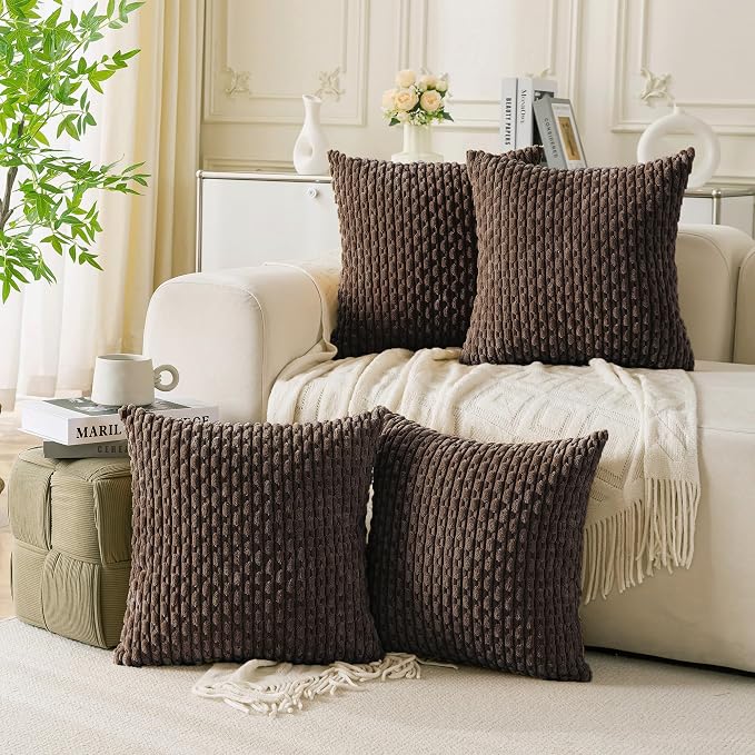 Set of 4 Dark Brown Decorative Throw Pillow Covers 18x18 Inch Corduroy Pillow by Cozoomy