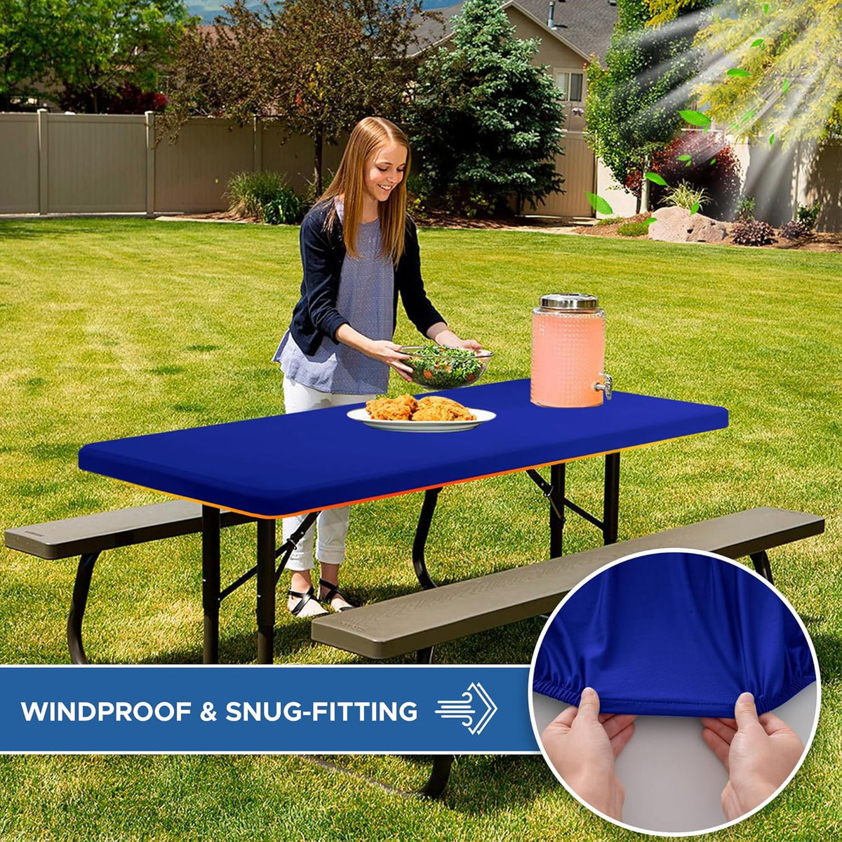 Fitted Tablecloth for 8 Foot Rectangle-4 Pack Royal Blue Elastic Outdoor Picnic Table Cover-Spandex Stretch Folding Table Cloths 8ft for Camping Dining Room Patio Kitchen Banquet Party