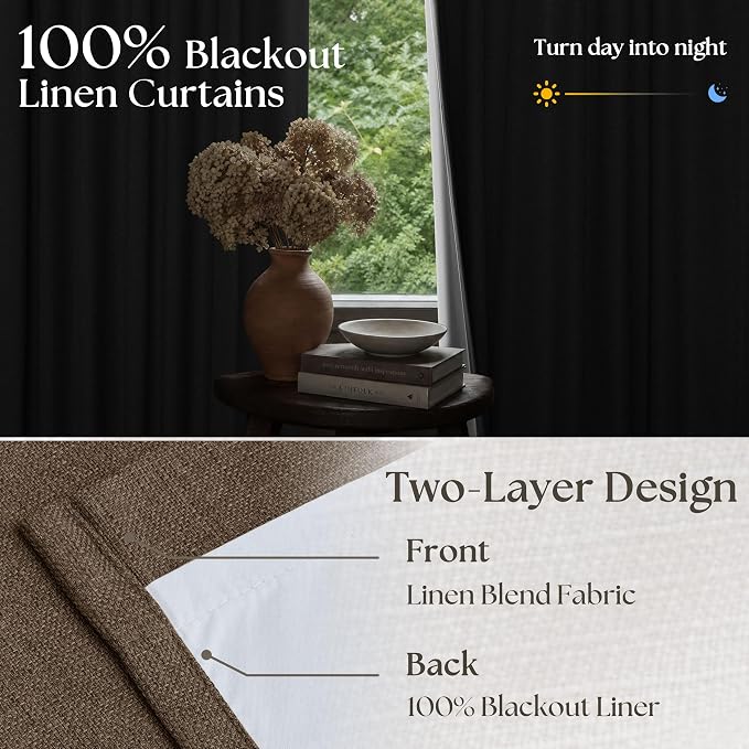 Pleated Blackout Brown Linen Blend Window Curtains 96 Inches Long 2 Panels | - Image 5