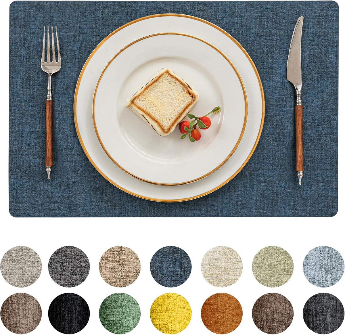 Romanstile Vinyl Placemats Set of 12-12 X 18 Inch - Heat Resistant Place Mats 100% Waterproof Oilproof Wipeable Reversible Faux Leather Table Mats for Kitchen/Dining/Party/Outdoor, Navy Blue