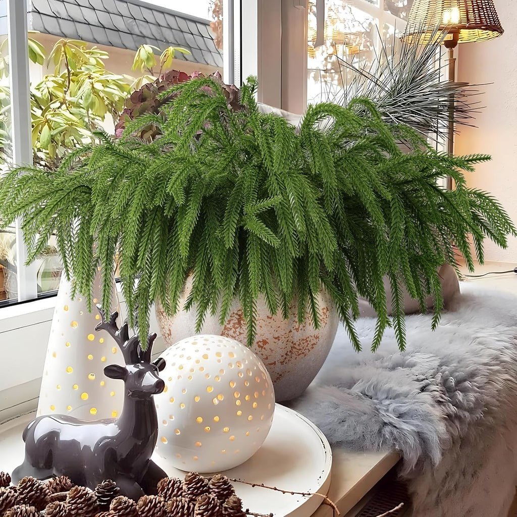 12 Pcs Artificial Norfolk Pine Branches, Norfolk Pine Artificial Pine Stems DIY Crafts Faux Christmas Greenary Norfolk Pine Branches for Xmas Wreath Garland Home Decor (12)