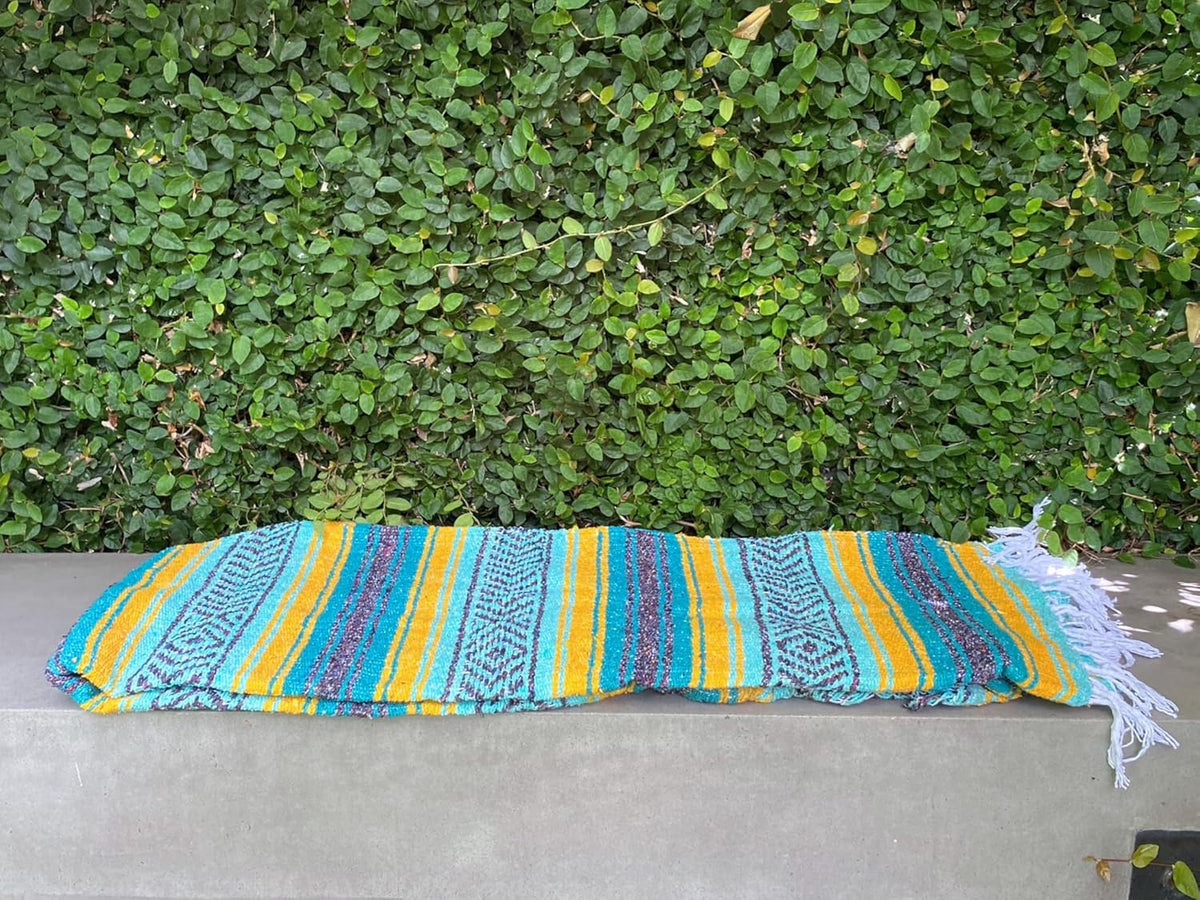 Del Mex Classic Mexican Blanket, Large Authentic Woven Falsa Throw (70"x50"), Artisan Southwest Décor for Beach, Yoga, Outdoors (Teal/Yellow)
