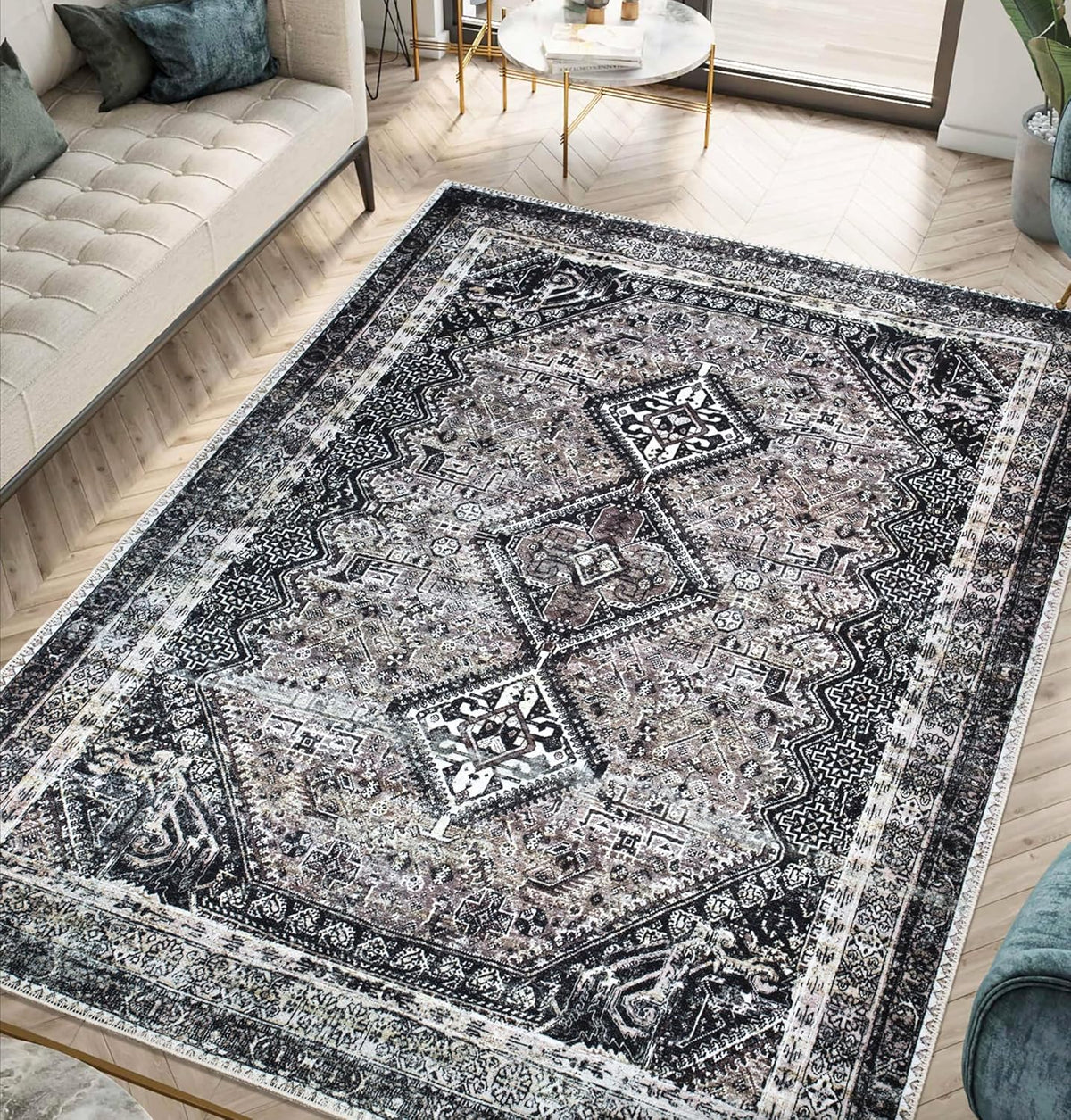 Keen Home Design 4x6 Rug - Machine Washable Area Rug with Non-Slip Backing, Ideal for Living Room, Dining Room, Bedroom - Vintage, Easy Clean, Durable, Low Pile Rug - (4' x 6')