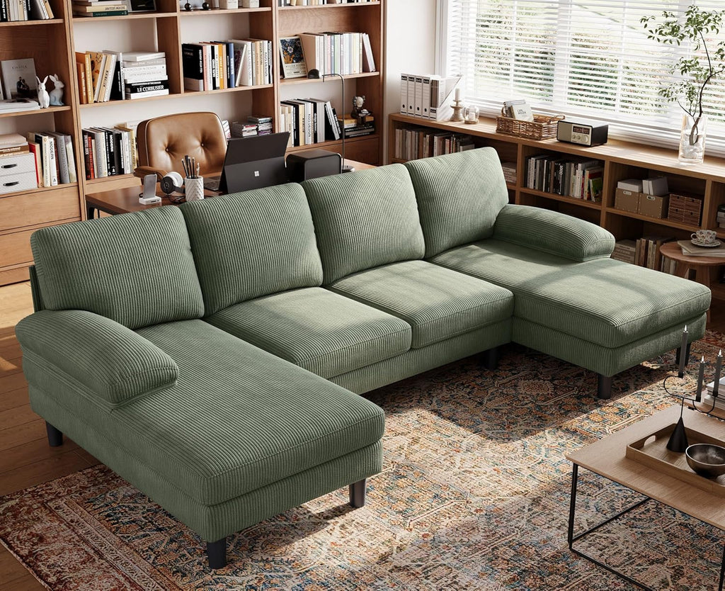 LINSY HOME Sectional Couch, 111'' W Corduroy U Shaped Sofa with Sleepable Armrests, 4 Seat Couch with Double Chaises, Deep Seat Sofa for Living Room, Army Green