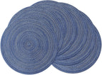 Leetaltree Round Placemats Heat and Slip Resistant Cotton Table Mats, Washable Bohemian Placemats for Dining Tables (Denim Blue, Set of 6)