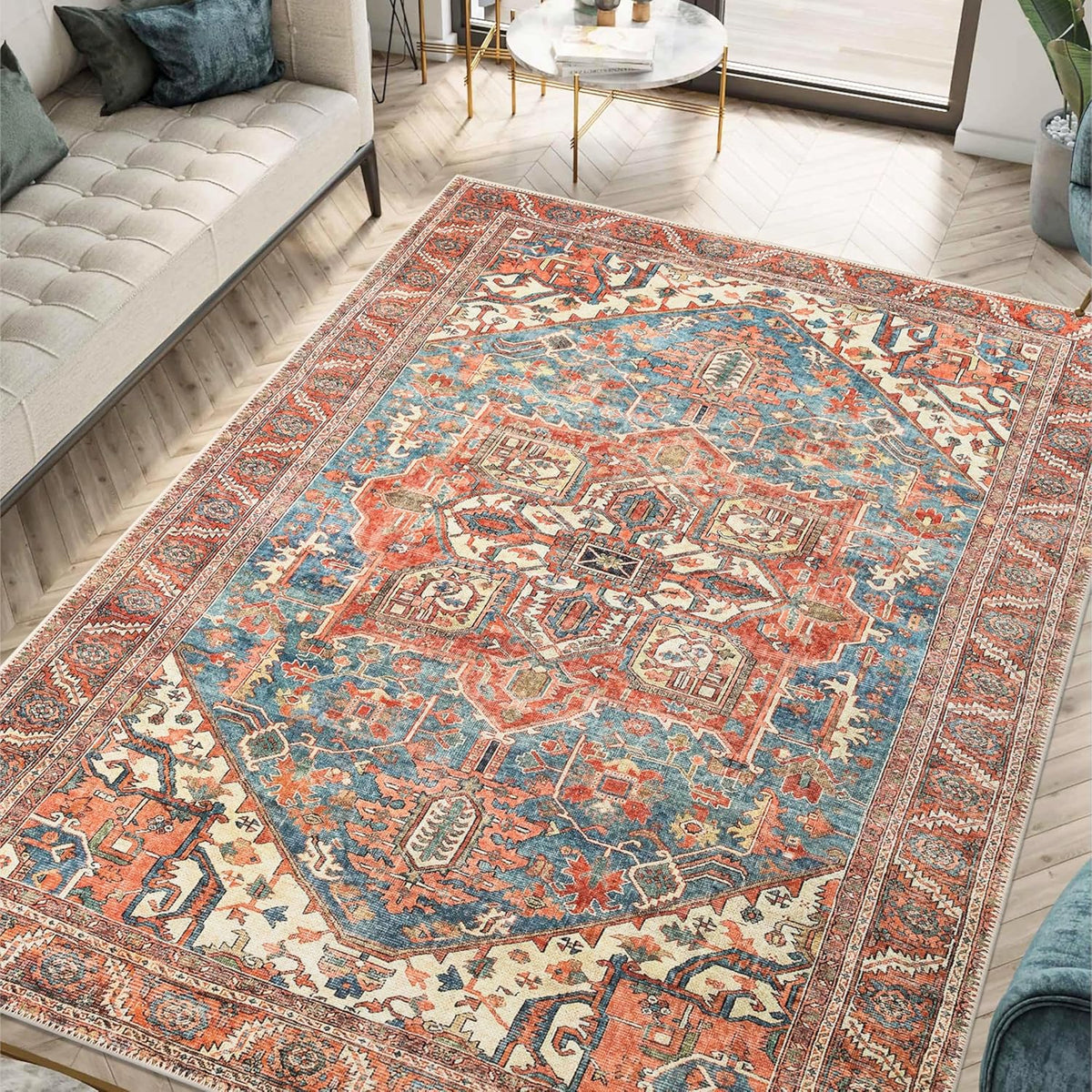 Keen Home Design 6x9 Rug - Machine Washable Area Rug with Non-Slip Backing, Ideal for Living Room, Dining Room, Bedroom - Vintage, Easy Clean, Durable, Low Pile Rug - (6' x 9')