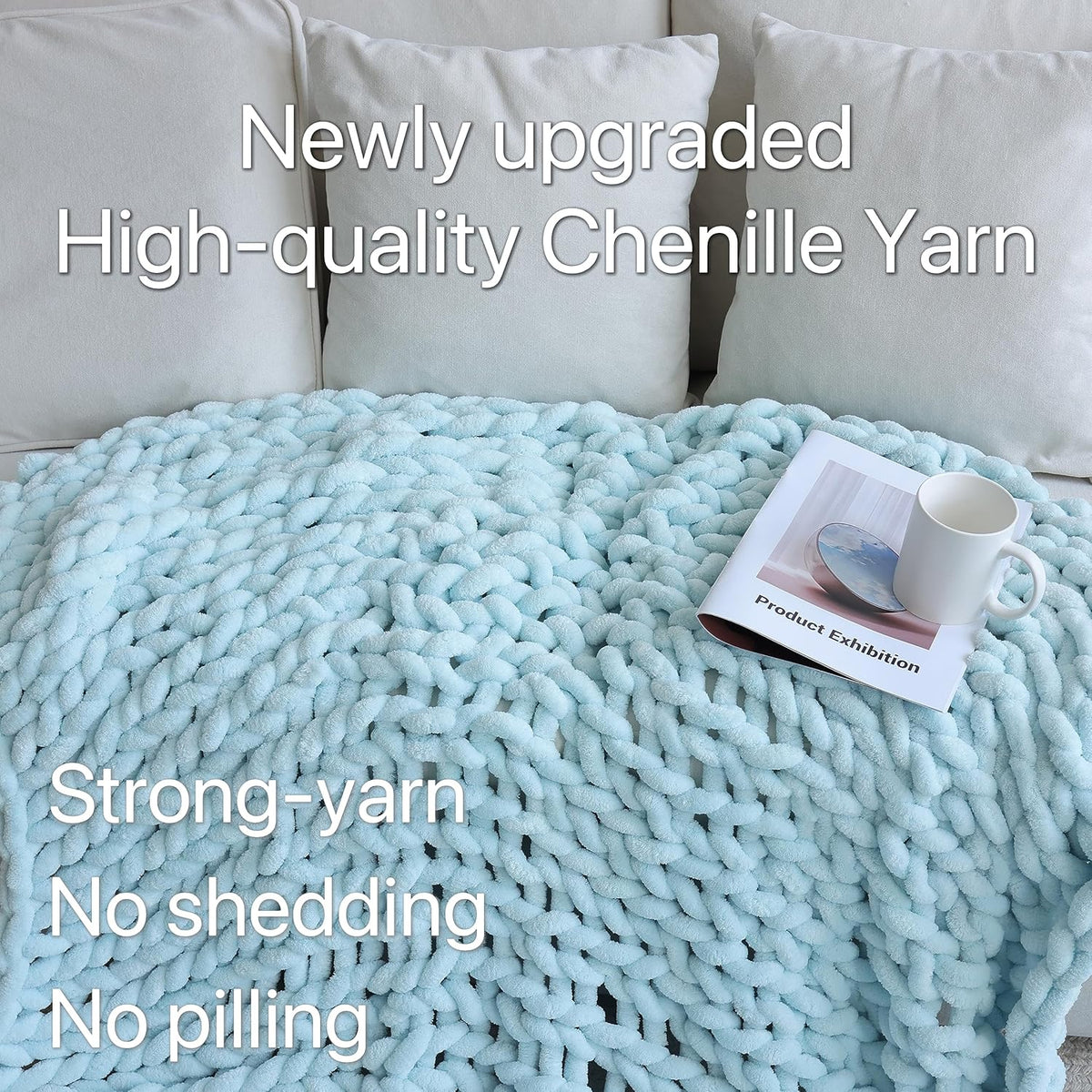 Maetoow Chenille Chunky Knit Blanket Throw （40×50 Inch）, Handmade Warm & Cozy Blanket Couch, Bed, Home Decor, Soft Breathable Fleece Banket, Christmas Thick and Giant Yarn Throws, Baby Blue