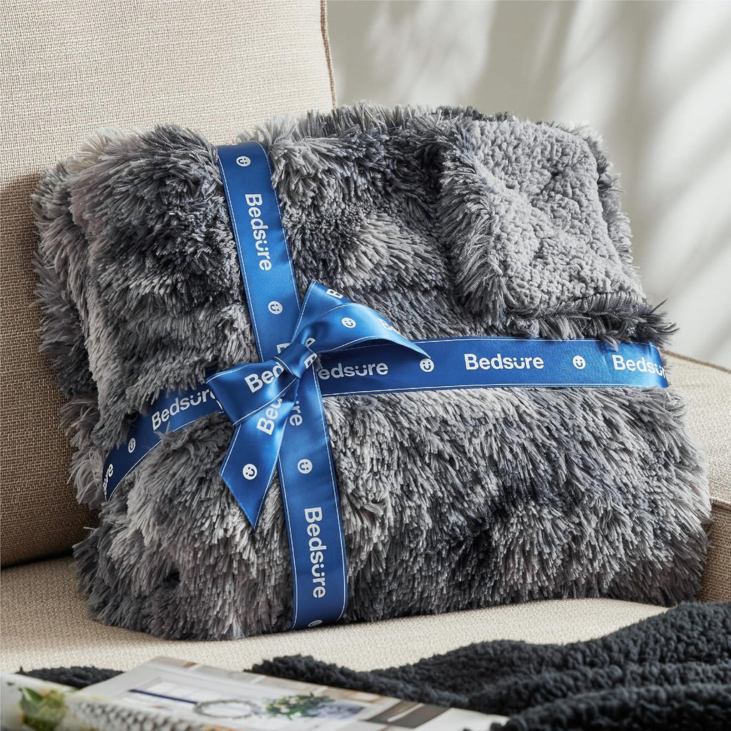 Bedsure GentleSoft Fluffy Sherpa Fleece Faux Fur Blankets Queen Size for Bed, Bedroom Decor Winter Thick Warm Full Queen Blankets, Fuzzy Plush Soft Heavy Mink Tie Dye Grey Bedding Cozy Gifts, 90x90