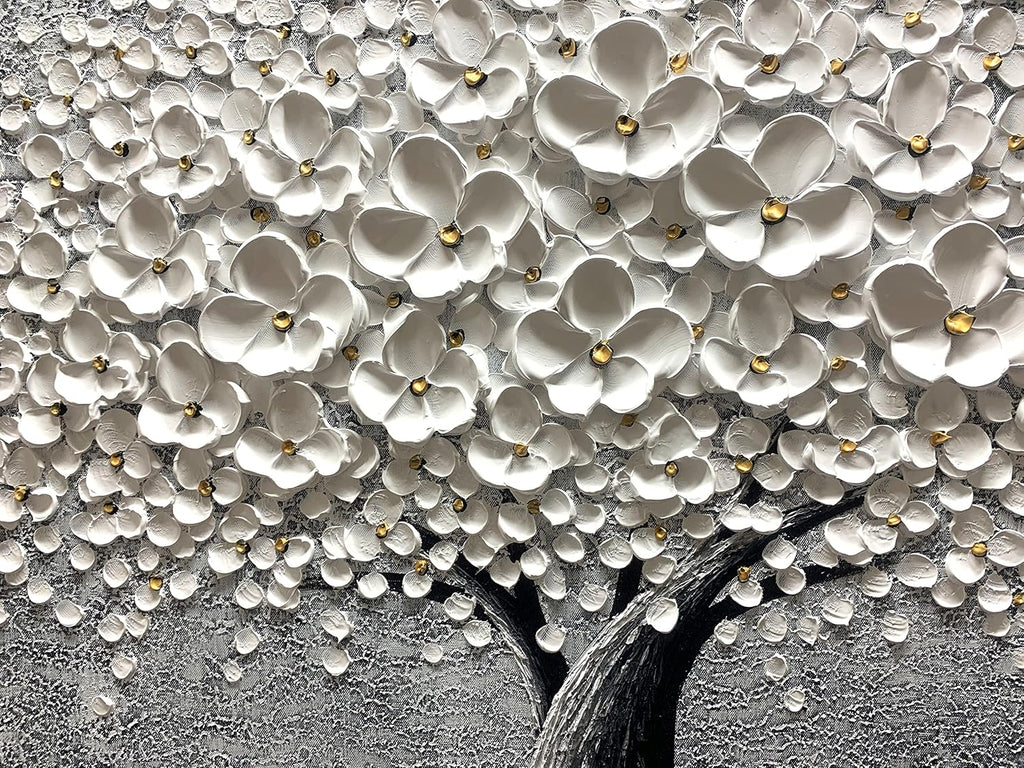 Yika Art - 24x48 Inch 3D White Flower Painting Abstract Textured Knife Platte Acrylic on Canvas 3D Flowers Tree Painting Ready to Hang
