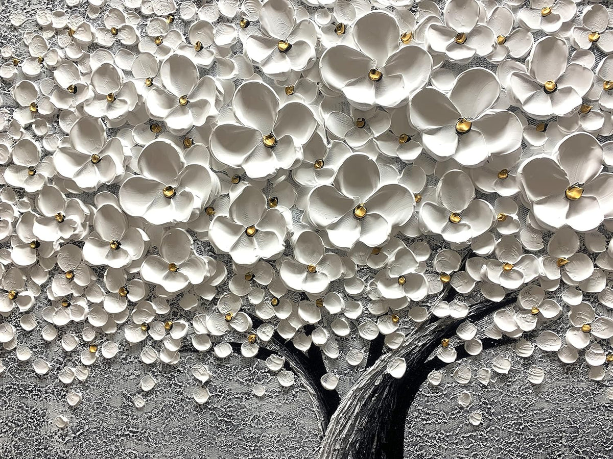 Yika Art - 24x48 Inch 3D White Flower Painting Abstract Textured Knife Platte Acrylic on Canvas 3D Flowers Tree Painting Ready to Hang