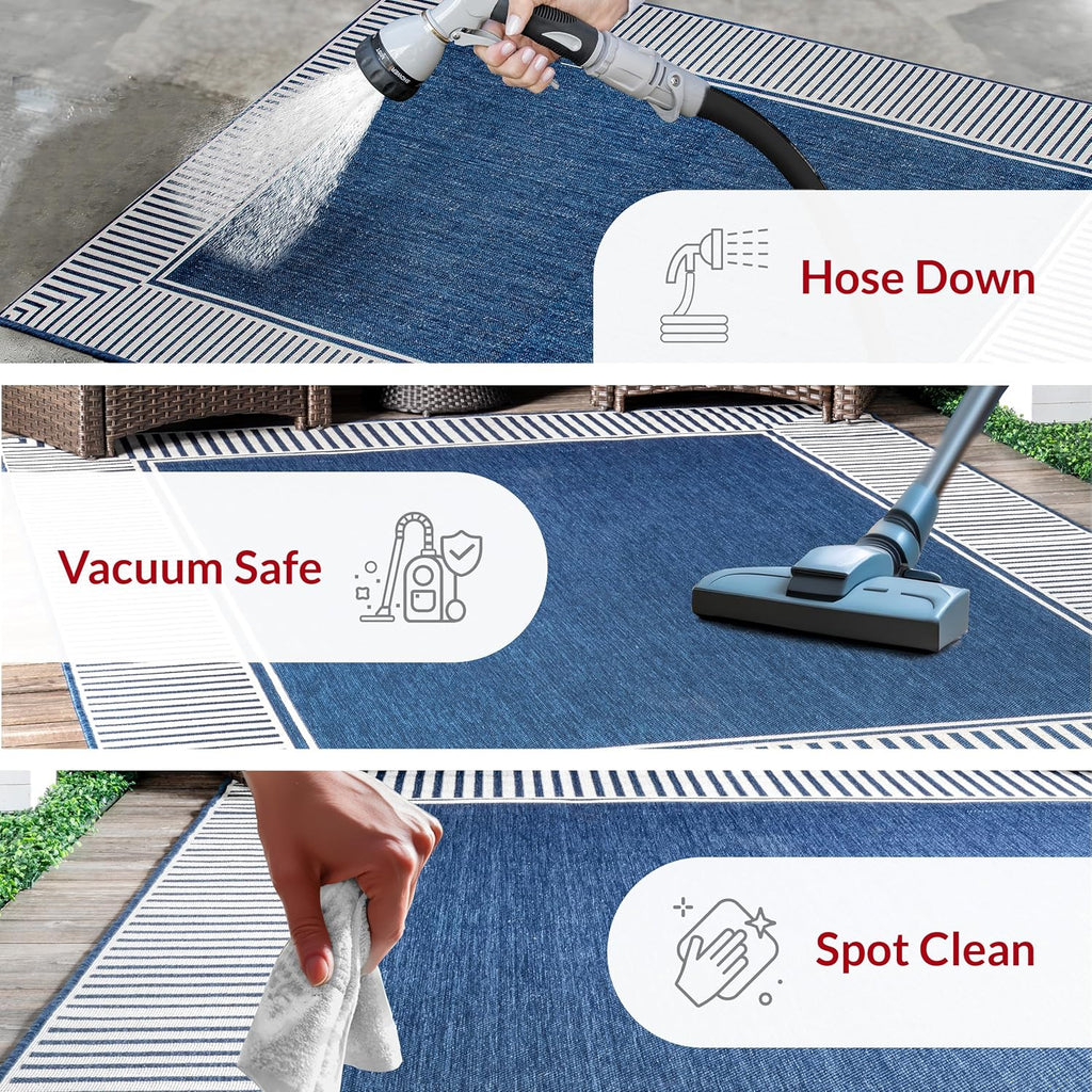 nuLOOM 10' x 12' Outdoor Area Rug, Casual Design With Striped Border, Stain Resistant, Highly Durable, For Patio, Balcony, Bedroom, Living Room, Dining Room, Bathroom, Navy