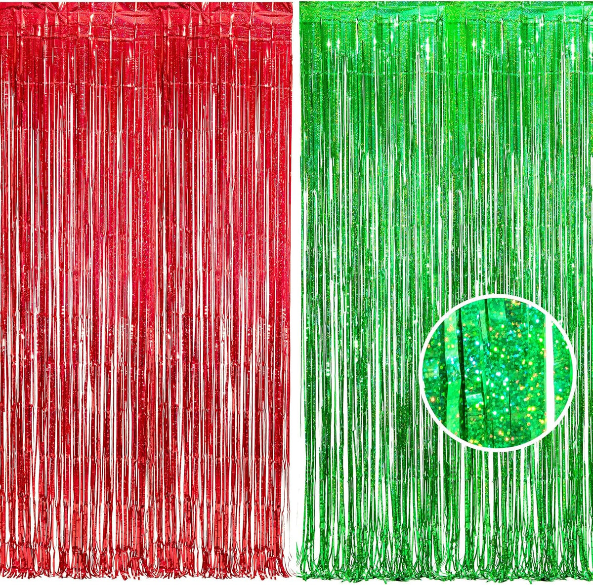 BRAVESHINE Tinsel Foil Fringe Curtains - 2 Pack 3.2 x 8.2 ft Metallic Photo Booth Streamer Backdrops for Birthdays Fiestas Melons Hawaiian Luau Tropical-Theme Christmas Party Decorations - Red Green