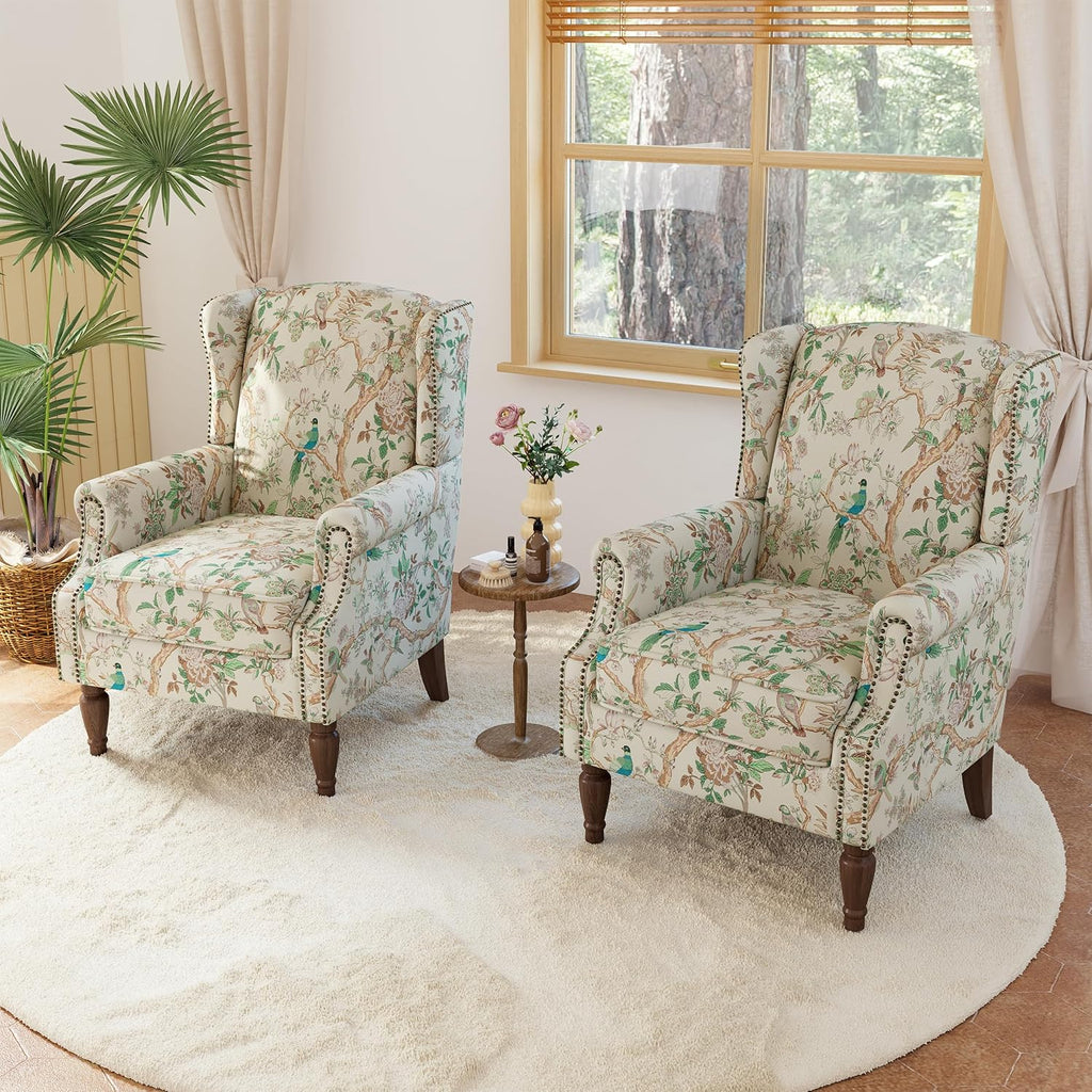 Lumibee Wingback Accent Chair, 2 Set High Back Floral Armchairs in Fabric,Comfy Upholstered Reading Single Sofa Chairs with Solid Wood Legs for Living Room,Bedroom,Office-Bird
