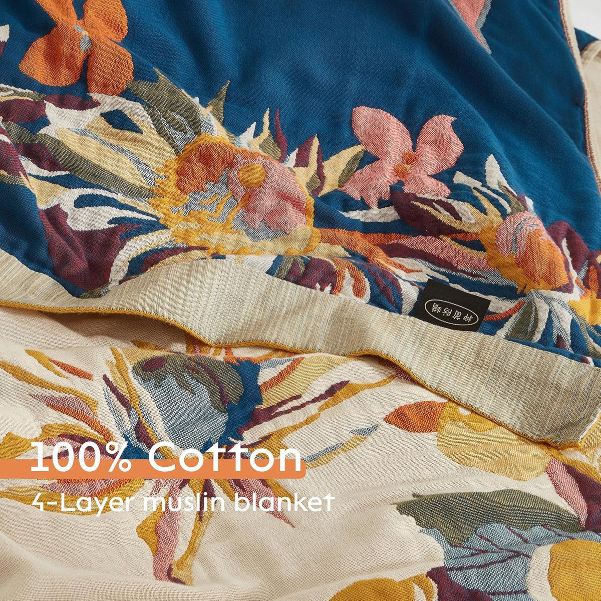 Boho Throw Blanket for Bed 90”x98”, 100% Cotton Woven Blanket for Couch Sofa, Ultra Soft 4-Layer Muslin Quilt with Vintage Floral Printed, Farmhouse Bed Blanket/Cover for Living Room Decor