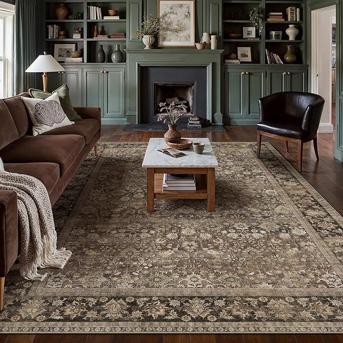 6x9 Brown Vintage Floral Washable Area Rug - Image 3