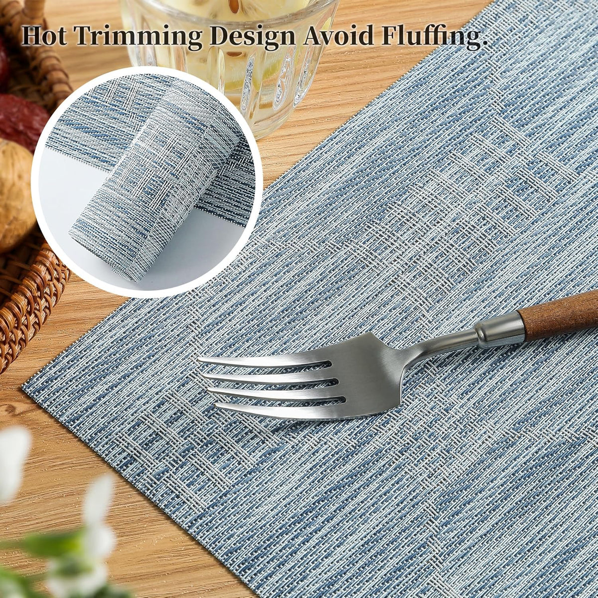Leetaltree Jacquard Blue Placemats Set of 8 - Heat Resistant Non-Slip Place mats for Dining Table, Washable Durable PVC Vinyl Woven Table Mats(Jacquard Blue, 8)