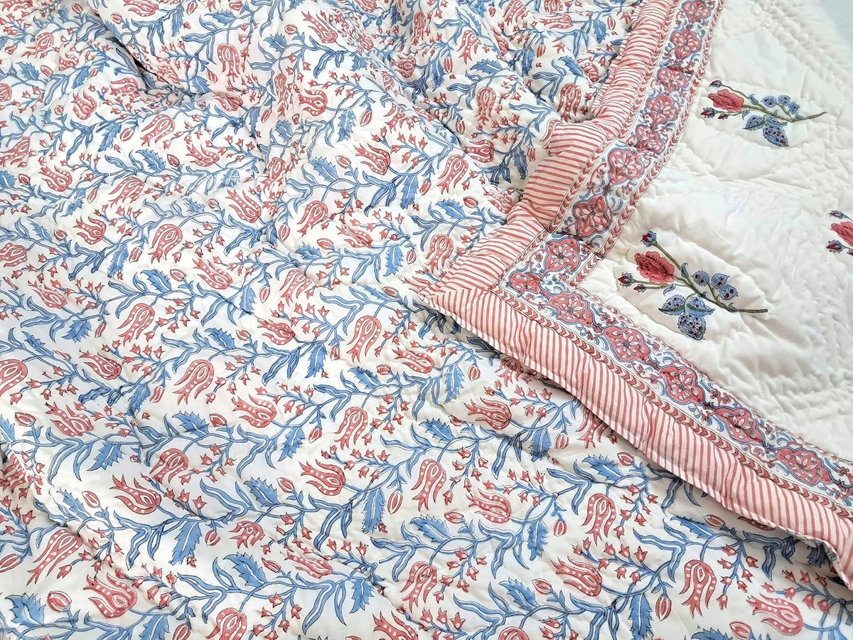 Queen Size Rose Pink Cotton Throw Blanket – Hand Block Printed 90x108 Bedspread – Lightweight Soft Quilt for Sofa, Couch, or Bed – Cozy All-Season Boho Blanket