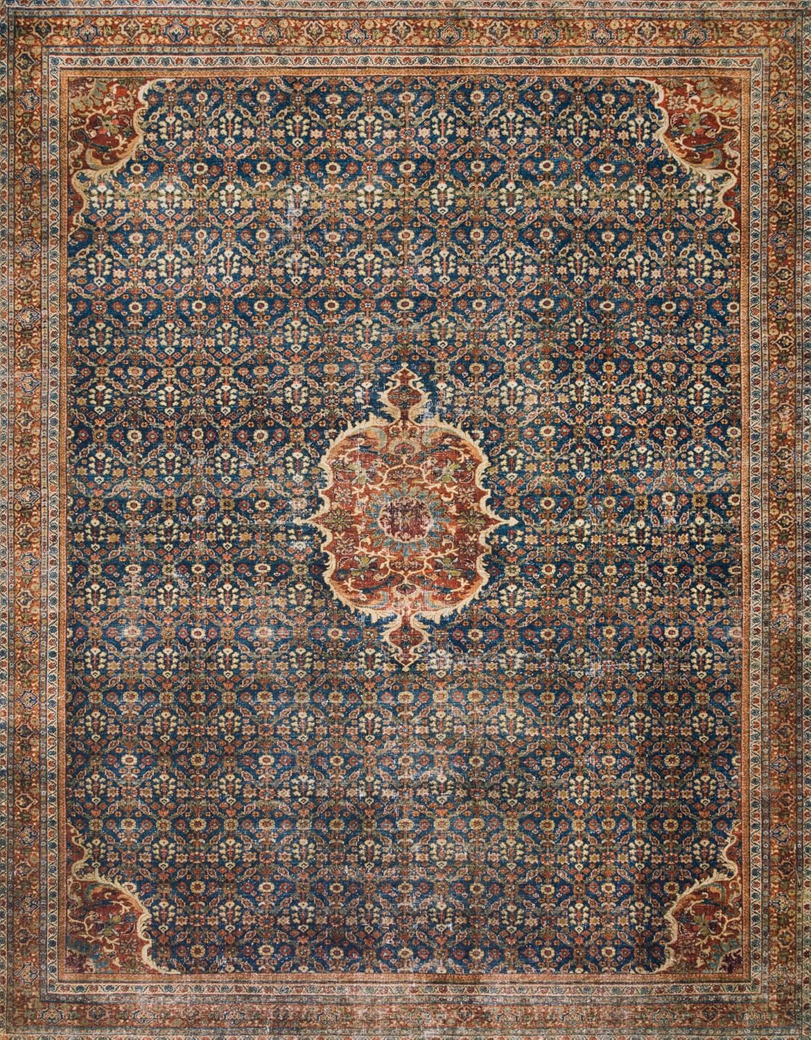Loloi Layla Collection LAY-09 Cobalt Blue/Spice 9'-0" x 12'-0" .13" Thick Area Rug, Soft, Durable, Vintage Inspired, Distressed, Low Pile, Non-Shedding, Easy Clean, Printed, Living Room Rug