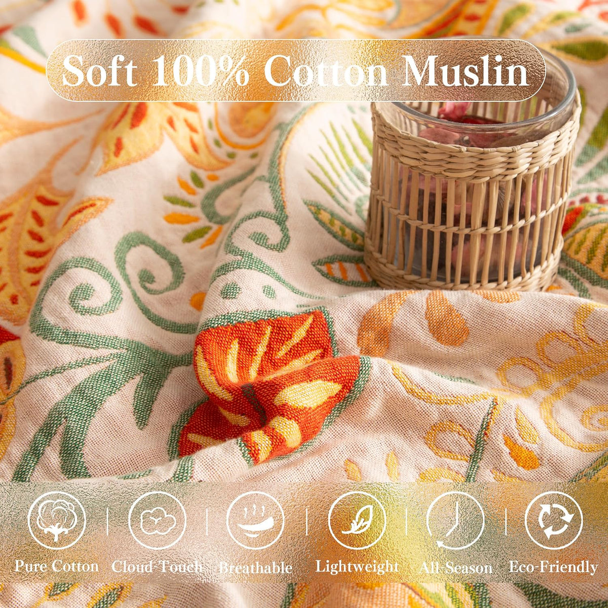 Boho Throw Blanket Twin Size, Soft Cozy Cotton Muslin Quilt Blanket for Bed Decor, Floral Patterned Couch Sofa Chair Cover, Vintage Farmhouse Cottage Tapestry Woven Blanket, Coral&Green