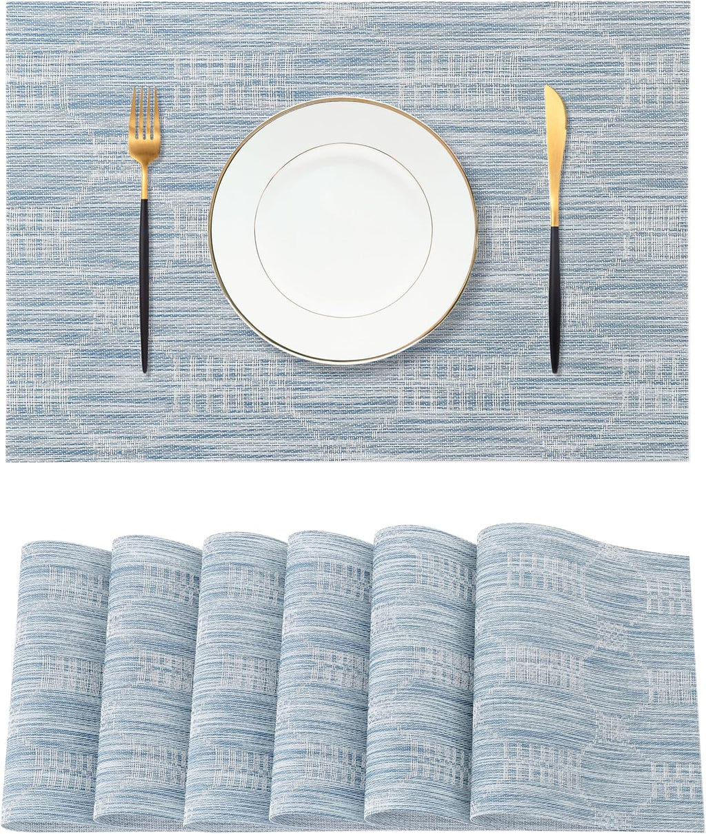 Leetaltree Alice Blue Placemats Set of 6 - Heat Resistant Non-Slip Place mats for Dining Table, Washable Durable PVC Vinyl Woven Table Mats（Jacquard Blue, 6）