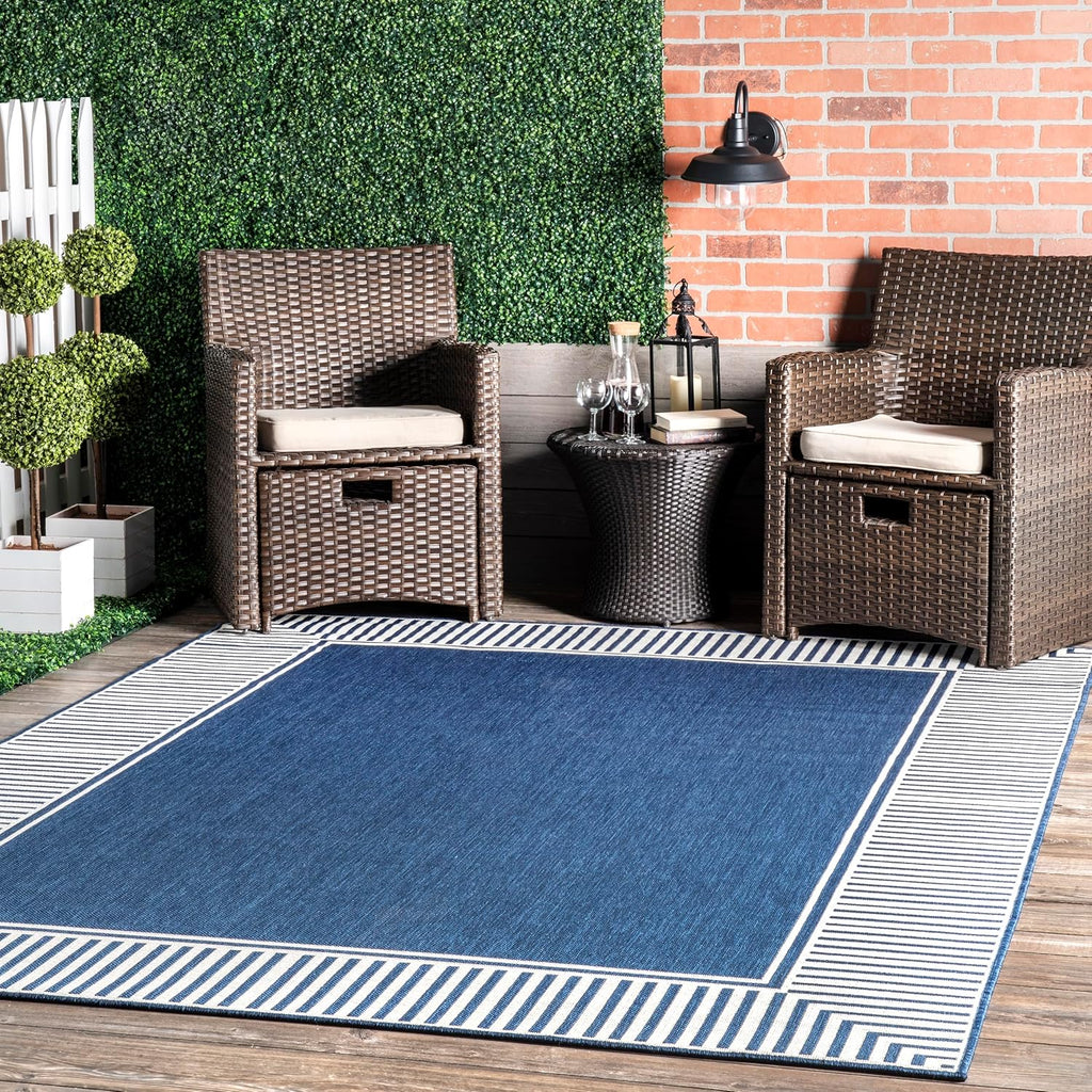 nuLOOM 10' x 12' Outdoor Area Rug, Casual Design With Striped Border, Stain Resistant, Highly Durable, For Patio, Balcony, Bedroom, Living Room, Dining Room, Bathroom, Navy