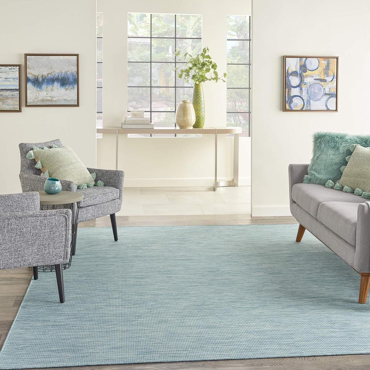 Nourison Positano Indoor-Outdoor Aqua 4' x 6' Area Rug, Easy Cleaning, Non Shedding, Bed Room, Living Room, Dining Room, Backyard, Deck, Patio (4x6)