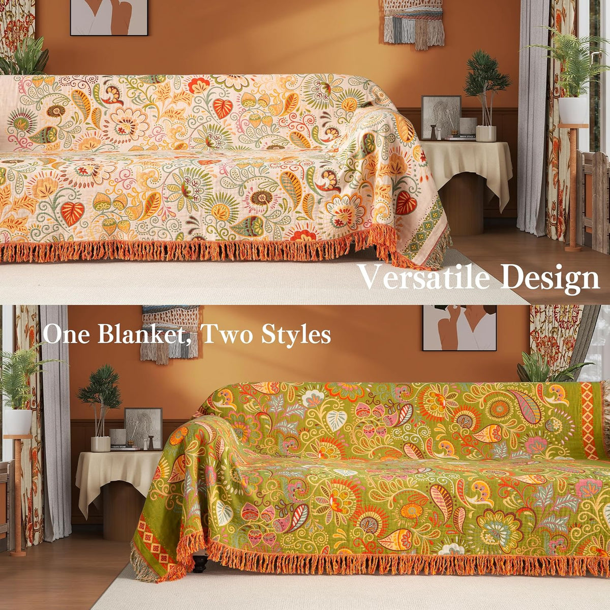 Boho Throw Blanket Full Size, Extra Large Soft Cozy Cotton Muslin Quilt Blanket for Bed Decor, Floral Patterned Couch Sofa Chair Cover, Vintage Farmhouse Cottage Woven Blanket, Coral&Green