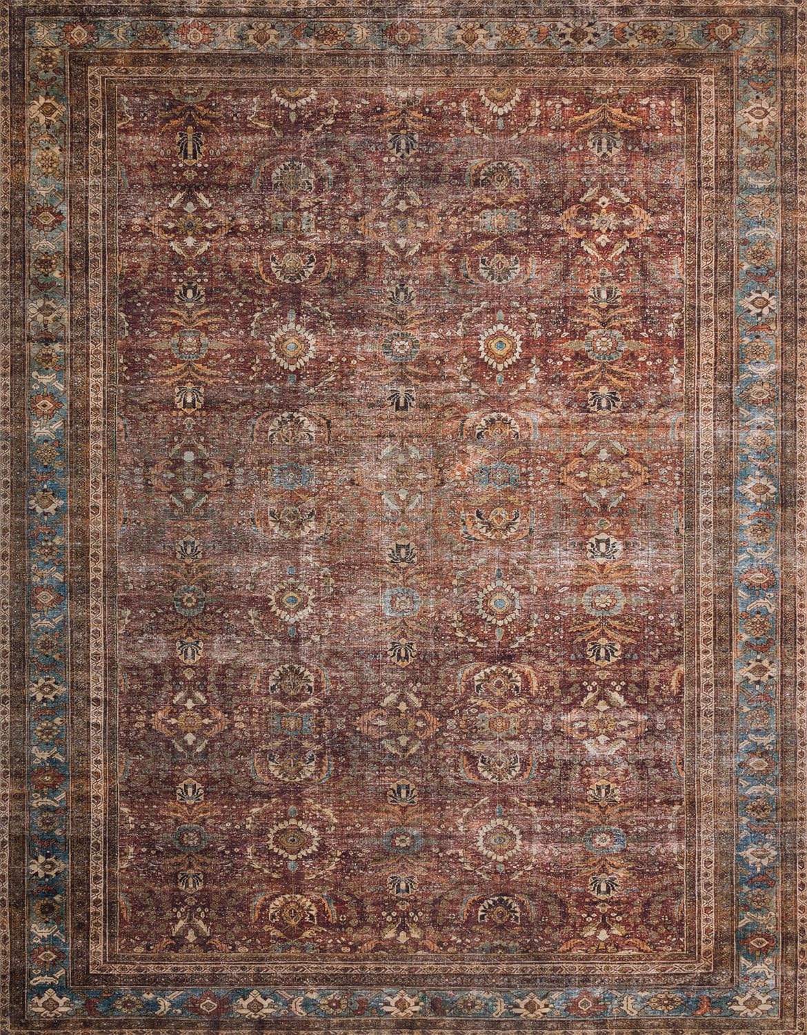 Loloi Layla Collection LAY-01 Brick/Blue 2'-3" x 3'-9" .13" Thick Accent Rug, Soft, Durable, Vintage Inspired, Distressed, Low Pile, Non-Shedding, Easy Clean, Printed, Living Room Rug