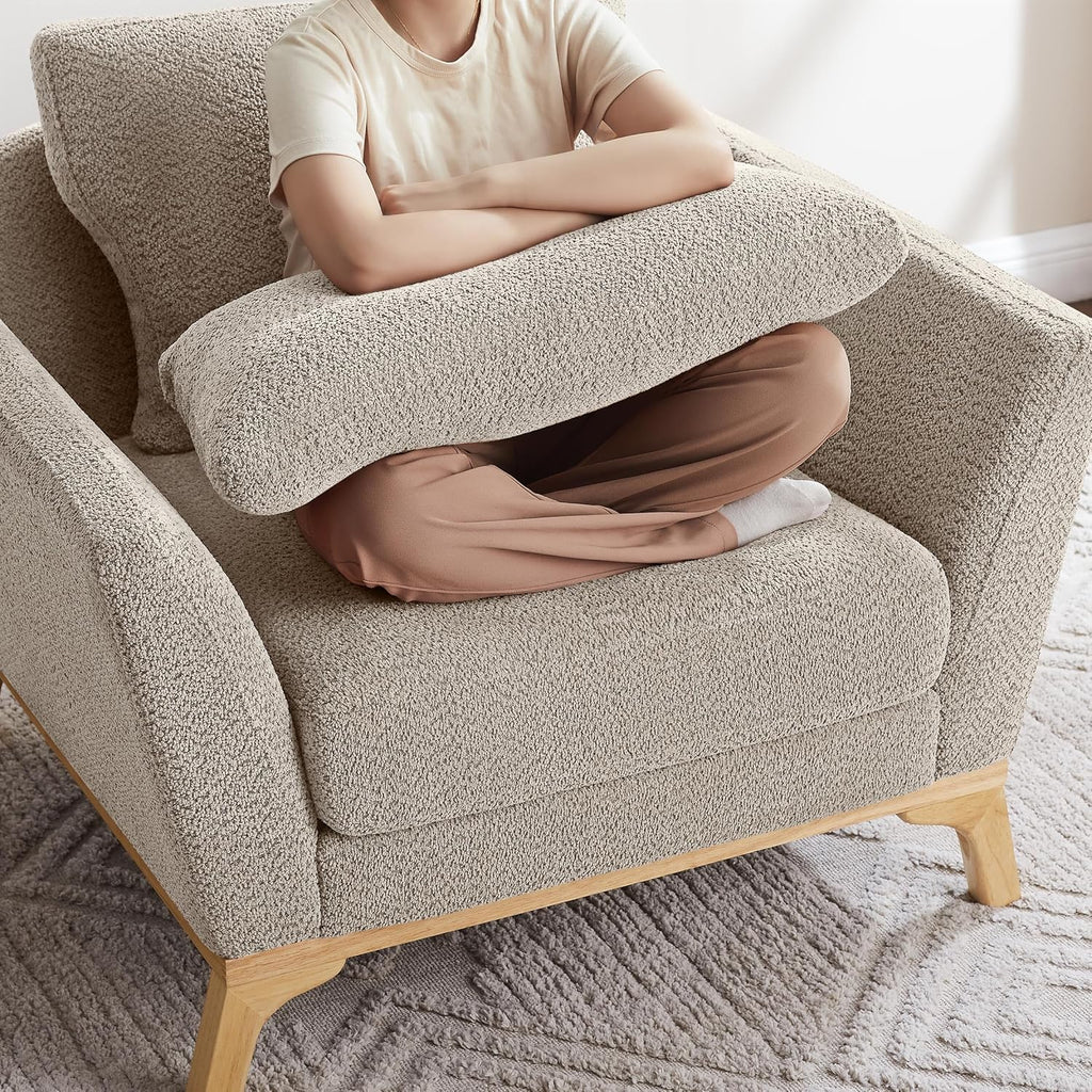 Large-Sized Accent Chair, Thick Cushion Bedroom Reading Chair, Comfortable Living Room Single Sofa， Boucle Camel