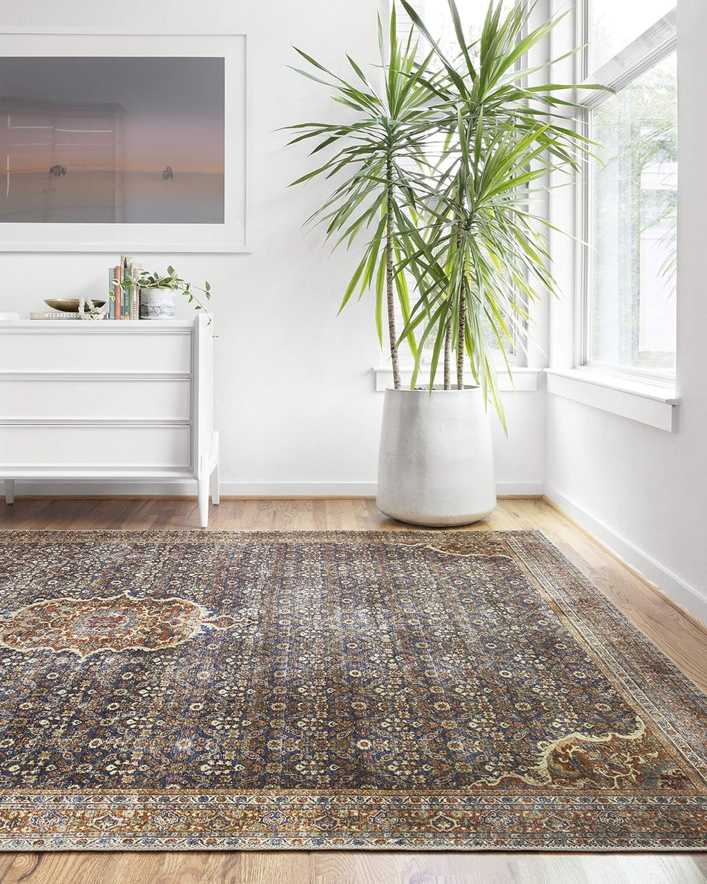 Loloi Layla Collection LAY-09 Cobalt Blue/Spice 2'-6" x 9'-6" .13" Thick Runner Rug, Soft, Durable, Vintage Inspired, Distressed, Low Pile, Non-Shedding, Easy Clean, Printed, Living Room Rug
