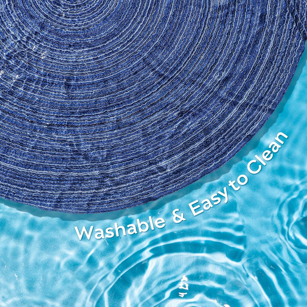 Leetaltree Round Placemats Heat and Slip Resistant Cotton Table Mats, Washable Bohemian Placemats for Dining Tables (Denim Blue, Set of 6)