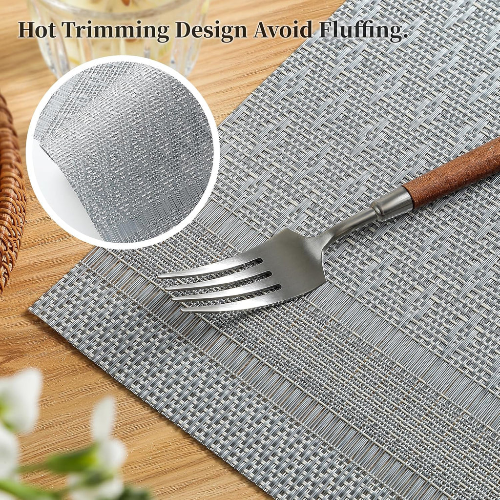 Leetaltree Lunar Grey Placemats Set of 4 - Heat Resistant Non-Slip Place mats for Dining Table, Washable Durable PVC Vinyl Woven Table Mats（Lunar Grey, 4）