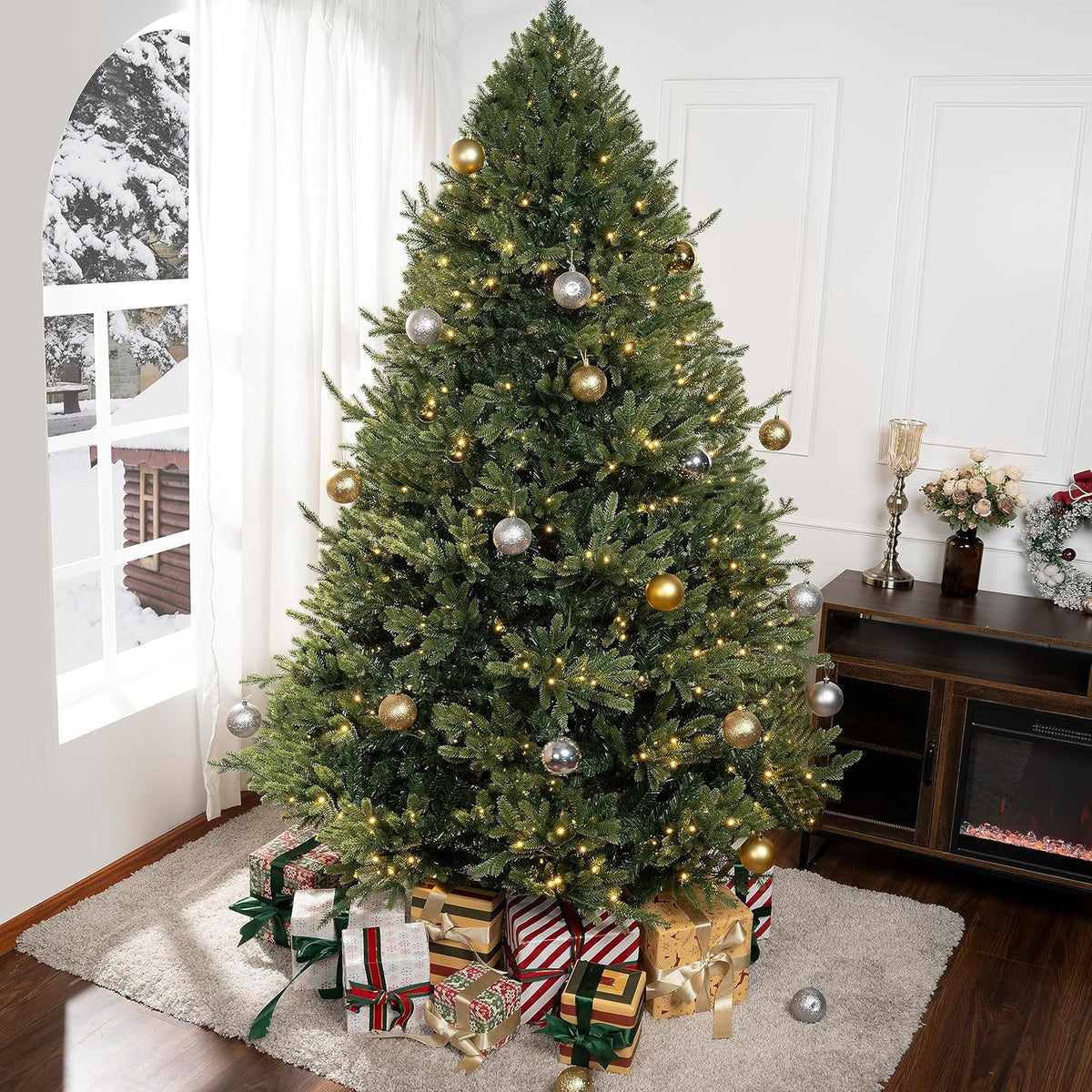 Kinsley 6.5ft Prelit Aritificial Christmas Tree with 3156 Branch Tips, 450 Warm Lights and Metal Stand, 53" Wide Realistic Traditional Christmas Tree with Lights by Naomi Home
