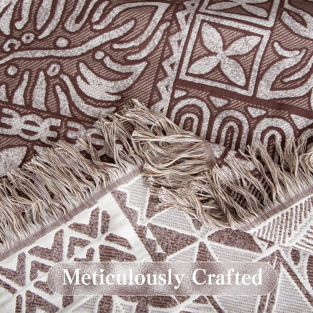 Boho Throw Blanket Twin Size, Soft Cozy Cotton Muslin Quilt Blanket for Bed Decor, Patchwork Block Couch Sofa Chair Cover, Vintage Farmhouse Cottage Tapestry Woven Blanket, Brown&White