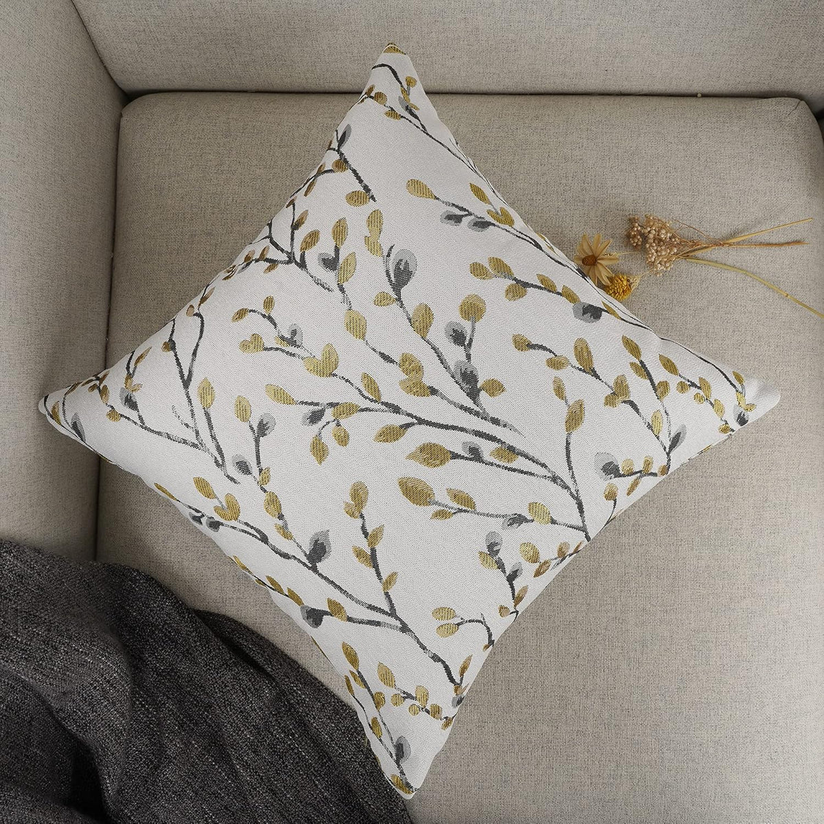 YOUR SMILE Classical Embroidery Jacquard Yellow/Gold Square Decorative Throw Pillow Case Cushion Cover 18x18 inch