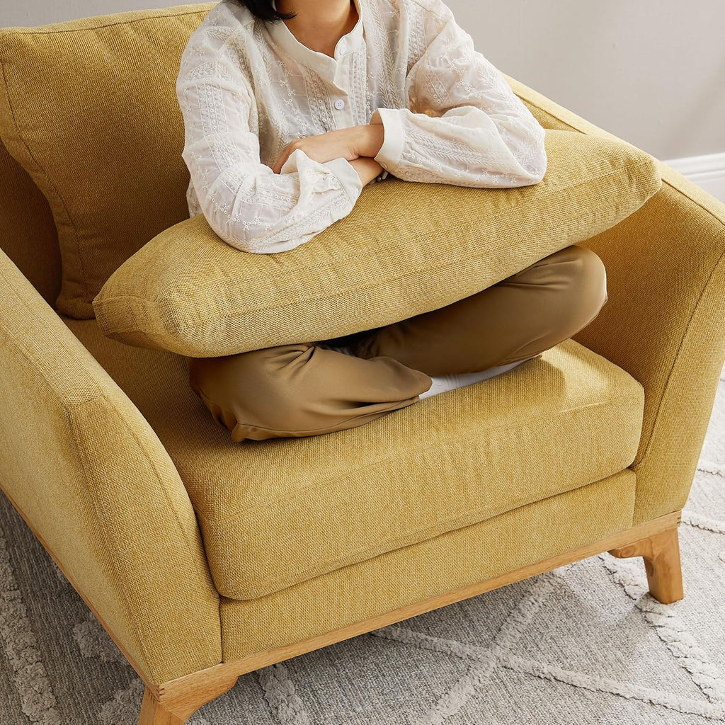 Large-Sized Accent Chair, Thick Cushion Bedroom Reading Chair, Comfortable Living Room Single Sofa, Linen Yellow